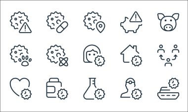 Koronavirüs çizgisi simgeleri. Doğrusal küme. Gemi, virüs, kalp, tıp doktoru, ilaç şişesi, virüs, anti virüs kalkanı, alarm, haplar gibi kalite vektör dizileri