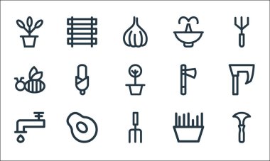 peyzaj ekipman hattı simgeleri. Doğrusal küme. Kaliteli vektör çizgisi: Kazma, tırmık, tap, çimen, armut, arı, balta, fıskiye, çit