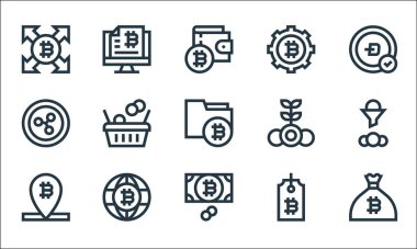 Kripto para birimi çizgisi simgeleri. Doğrusal küme. Para çantası, para, bitcoin, bitcoin, dünya, bitcoin gibi kalite vektör çizgisi kümesi,