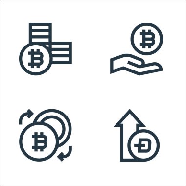 Kripto para birimi çizgisi simgeleri. Doğrusal küme. Bitcoin, takas, alma gibi kalite vektör çizgisi kümesi
