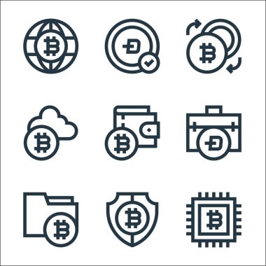 Kripto para birimi çizgisi simgeleri. Doğrusal küme. Veri şifreleme, bitcoin, bitcoin, çanta, cüzdan, kripto para, takas, bitcoin gibi kalite vektör satırı kümesi