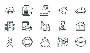 Sigorta çizgisi simgeleri. Doğrusal küme. Müşteri hizmetleri, nakliye, göğüs kanseri, aileler, can simidi, hastane tesisi, sağlık hizmetleri, deprem, sigorta poliçesi gibi kalite vektör dizileri