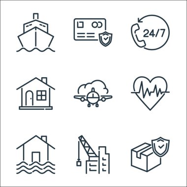 Sigorta çizgisi simgeleri. Doğrusal küme. Teslimat kutusu, inşaat, su basmış ev, sağlık, uçak, ev, müşteri hizmetleri, finans gibi kalite vektör dizileri