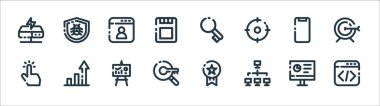 seo pazarlama çizgisi simgeleri. Doğrusal küme. programlama dili, sunucu, anahtar kelime, dokunmak, telefon, blog, anahtar, hata gibi kalite vektör satırı kümesi