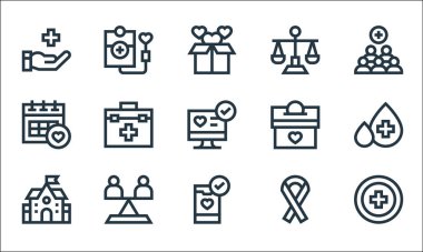 Yardım hattı simgeleri. Doğrusal küme. Bağış, akıllı telefon, okul, kurdele, eşitlik, takvim, bağış, denge, kan nakli gibi kalite vektör dizileri