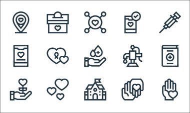 Yardım hattı simgeleri. Doğrusal küme. Hayır kurumu, okul, hayır kurumu, kalp, uygulama, su pompası, akıllı telefon, bağış gibi kalite vektör dizileri