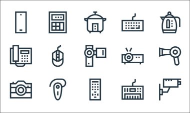 Elektronik hat simgeleri. Doğrusal küme. CCTV, uzaktan kumanda, fotoğraf makinesi, piyano klavyesi, eller serbest, telefon, projektör, klavye, hesap makinesi gibi kalite vektör dizileri