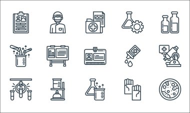 Laboratuvar ve bilim çizgisi simgeleri. Doğrusal küme. Petri kabı, test tüpü, eldiven, yanma, deney, aşı, biyomühendislik, doktor gibi kalite vektör dizileri