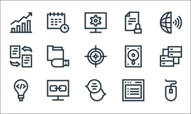 Geliştirme çizgisi simgeleri. Doğrusal küme. Bilgisayar faresi, sohbet kutusu, icat, listeleme, bağlantı, sinek, pc, belge, takvim gibi kalite vektör dizileri