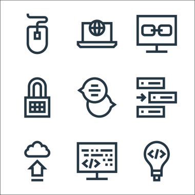Geliştirme çizgisi simgeleri. Doğrusal küme. İcat, kodlama, gönderme, css, chat kutusu, kilit, link, laptop gibi kalite vektör dizileri