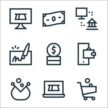 Ödeme çizgisi simgeleri. Doğrusal küme. kalite vektör dizisi örneğin alışveriş arabası, çevrimiçi ödeme, çanta, mobil bankacılık, bozuk para, çek, çevrimiçi ödeme, para