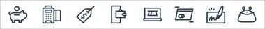 Ödeme çizgisi simgeleri. Doğrusal küme. kalite vektör çizgisi: çanta, çek, cit kartı, çevrimiçi ödeme, mobil bankacılık, fiyat etiketi, edc