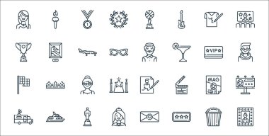 Şöhret çizgisi simgeleri. Doğrusal küme. Ayna, bilet, kadın, yayın, dergi, kadın, erkek, resim gibi kalite vektör dizileri