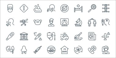 Covid çizgi simgeleri. Doğrusal küme. Kadın, havalandırma, el sıkışma, astım, haber, sıcaklık, ateş, akciğer, yatak gibi kalite vektör dizileri