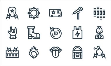 Rock 'n Roll çizgisi simgeleri. Doğrusal küme. Bomba, dudak, klavye, müzik kutusu, ateş, el, tişört, mikrofon, bilezik gibi kalite vektör dizileri