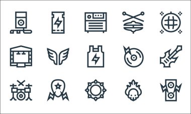 Rock 'n Roll çizgisi simgeleri. Doğrusal küme. Hoparlör, bilezik, davul seti, yangın, gitar penası, sahne, cd, hi hat, bilet gibi kalite vektör dizileri