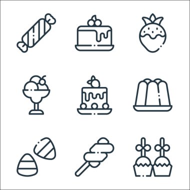 Tatlı çizgisi simgeleri. Doğrusal küme. Tatlı, marşmelov, mısır şekeri, jöle, kek, dondurma, çikolata, pasta gibi kalite vektör dizileri