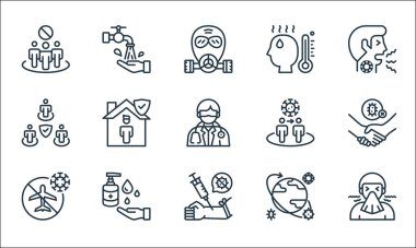 Koronavirüs çizgisi simgeleri. Doğrusal küme. Hapşırma, aşı, uçuş yok, pandemik, el dezenfektanı, mesafeyi koru, yayılma, ateş, el yıkama gibi kalite vektör dizileri