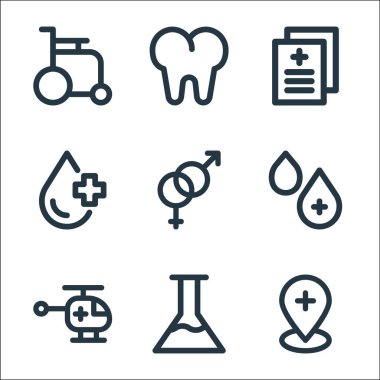 Tıbbi öğeler çizgisi simgeleri. Doğrusal küme. iğne, matara, helikopter, kan damlası, cinsiyet, kan, dosya, diş gibi kalite vektör dizileri