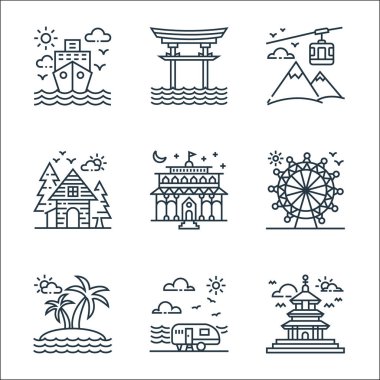 Turizm çizgisi simgeleri. Doğrusal küme. Tapınak, karavan, ada, dönme dolap, Viyana, kulübe, teleferik, torii kapısı gibi kalite vektör dizileri