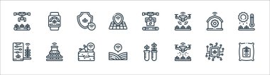 Akıllı çiftlik çizgisi simgeleri. Doğrusal küme. Tohum torbası, drone, alan, akıllı çiftlik, akıllı çiftlik, koruma, taşıyıcı, akıllı semer gibi kalite vektör çizgisi kümesi
