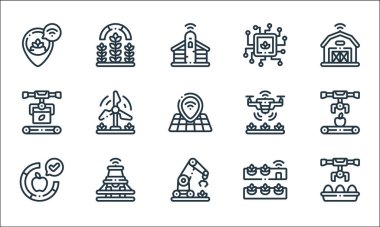 Akıllı çiftlik çizgisi simgeleri. Doğrusal küme. Robot kol, robotik kol, elma, hidroponik, traktör, taşıyıcı, akıllı dron, işlemci, bitki gibi kalite vektör çizgisi kümesi