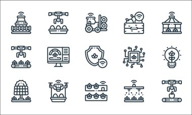 Akıllı çiftlik çizgisi simgeleri. Doğrusal küme. Taşıyıcı, hidrofonik, güneş enerjisi, sulama, dron, taşıyıcı, işlemci, hasat, robotik kol gibi kalite vektör çizgisi kümesi