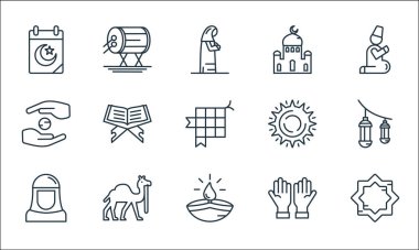 Ramazan çizgi simgeleri. Doğrusal küme. El hizb, lamba, muslimah, dua, deve, sadaka, öğlen, cami, davul gibi kalite vektör dizileri