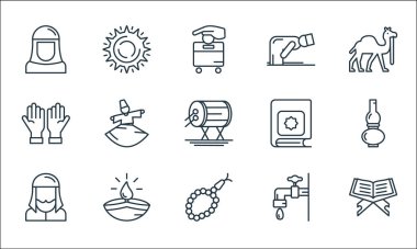 Ramazan çizgi simgeleri. Doğrusal küme. Kitap, boncuk, müslüman, abdest, lamba, dua, Kur 'an, ruku, öğle gibi kalite vektör dizileri