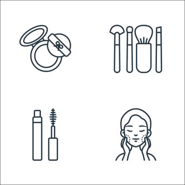 Güzellik kozmetik çizgisi simgeleri. Doğrusal küme. Cilt bakımı, rimel, makyaj fırçası gibi kalite vektör çizgisi