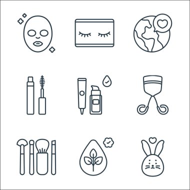 Güzellik kozmetik çizgisi simgeleri. Doğrusal küme. Kaliteli vektör çizgisi: zalimlik yok, paraben yok, makyaj fırçaları, kirpik bigudi, temel, rimel, dünyayı kurtarma, kirpikler