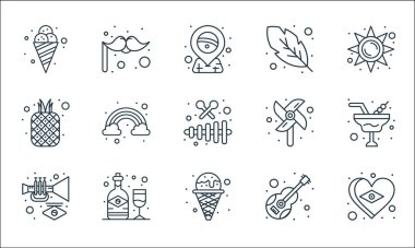 Brezilya karnaval çizgisi simgeleri. Doğrusal küme. Bayrak, dondurma, trompet, gitar, alkol, ananas, yel değirmeni, tüy, bıyık gibi kalite vektör çizgisi