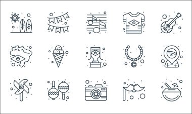 Brezilya karnaval çizgisi simgeleri. Doğrusal küme. Hindistan cevizi, kamera, yel değirmeni, bıyık, marakas, Brezilya, kolye, tişört, çelenk gibi kalite vektör dizileri