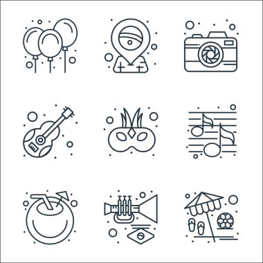 Brezilya karnaval çizgisi simgeleri. Doğrusal küme. Plaj, trompet, hindistan cevizi, müzik, maske, gitar, kamera gibi kalite vektör dizileri