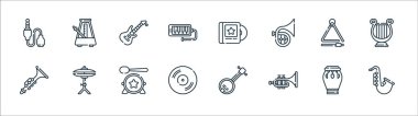Müzik çizgisi simgeleri. Doğrusal küme. Saksafon, trompet, vynil, klarnet, üçgen, elektro gitar, müzik albümü, metronom gibi kalite vektör dizileri