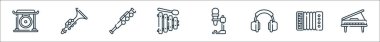 Müzik çizgisi simgeleri. Doğrusal küme. Piyano, akordeon, kulaklık, mikrofon, ksilofon, flüt, klarnet gibi kalite vektör dizileri