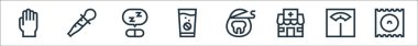 Eczane çizgisi simgeleri. Doğrusal küme. Prezervatif, ağırlık, eczane, diş ipi, coşku, uyku hapı, pipet gibi kalite vektör dizileri