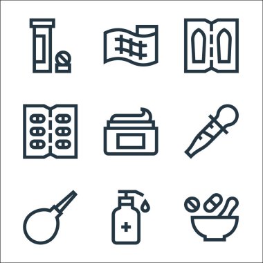 Eczane çizgisi simgeleri. Doğrusal küme. Havan, el dezenfektanı, lavman, pipo, krem, kapsül, fitil, gazlı bez gibi kalite vektör dizileri