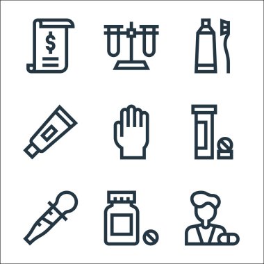 Eczane çizgisi simgeleri. Doğrusal küme. Eczacı, hap, pipet, vitamin, lastik eldiven, merhem, diş macunu, test tüpleri gibi kalite vektör dizileri