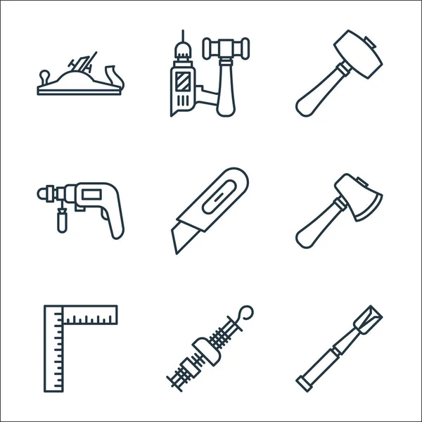 Tischlerzeilen Symbole Lineares Set Qualitätsvektorliniensatz Wie Werkzeug Werkzeug Probierquadrat Axt — Stockvektor