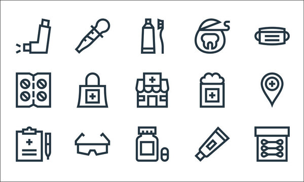 pharmacy line icons. linear set. quality vector line set such as cotton buds, capsules, prescription, ointment, safety glasses, pills, cotton, floss, pipette