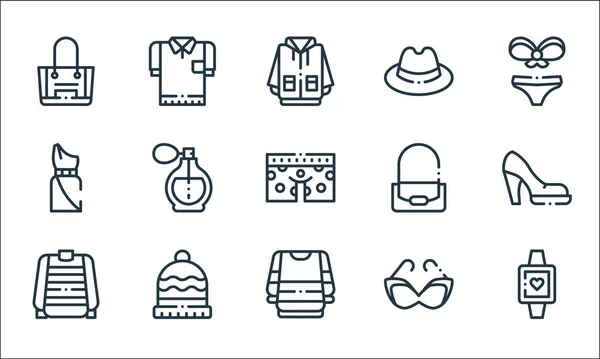 ファッションラインのアイコン 直線セット 腕時計 セーター セーター サングラス ビーニー ドレス フェドーラ帽子 Tシャツなどの品質ベクトルラインセット — ストックベクタ