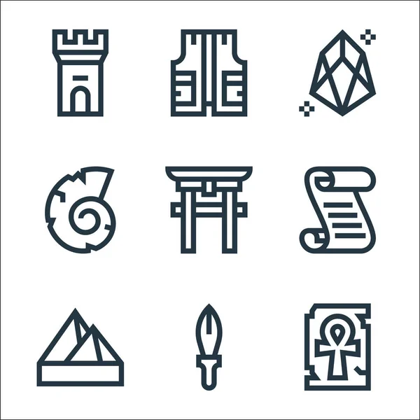 Geschichtslinien Symbole Lineares Set Qualitätsvektorzeilen Set Wie Ankh Dolch Pyramide — Stockvektor