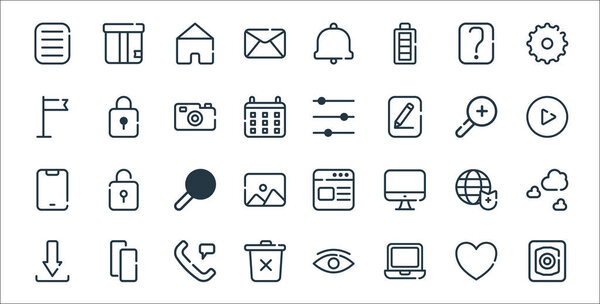 ui master line icons. linear set. quality vector line set such as focus, laptop, trash bin, download, internet, search, play, filter, lock