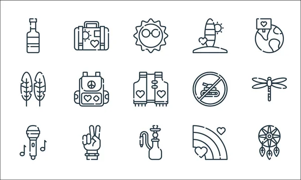 Iconos Línea Hippies Conjunto Lineal Conjunto Línea Vectores Calidad Como — Vector de stock