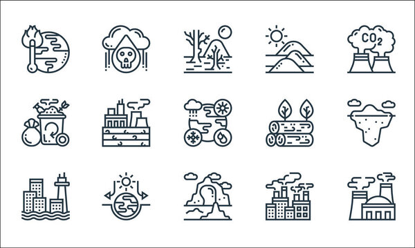 climate change line icons. linear set. quality vector line set such as nuclear plant, glacier, sea level, air pollution, house effect, trash, deforestation, desert, acid rain