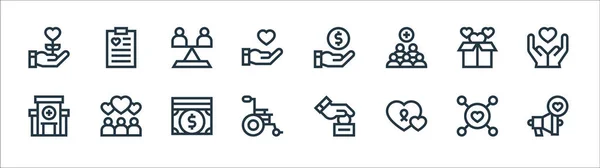 Wohltätigkeitssymbole Lineares Set Qualitätsvektorleitungsset Wie Megafon Charity Rollstuhl Krankenhaus Spende — Stockvektor