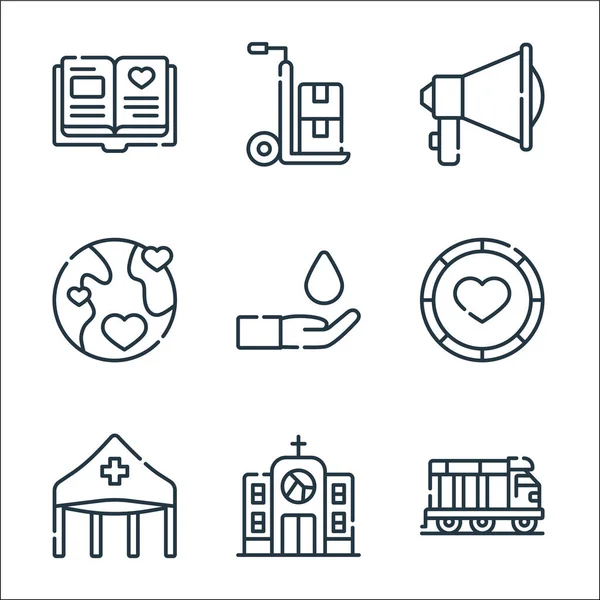 charity line icons. linear set. quality vector line set such as truck, church, tent, donation, save water, world, speaker, delivery cart