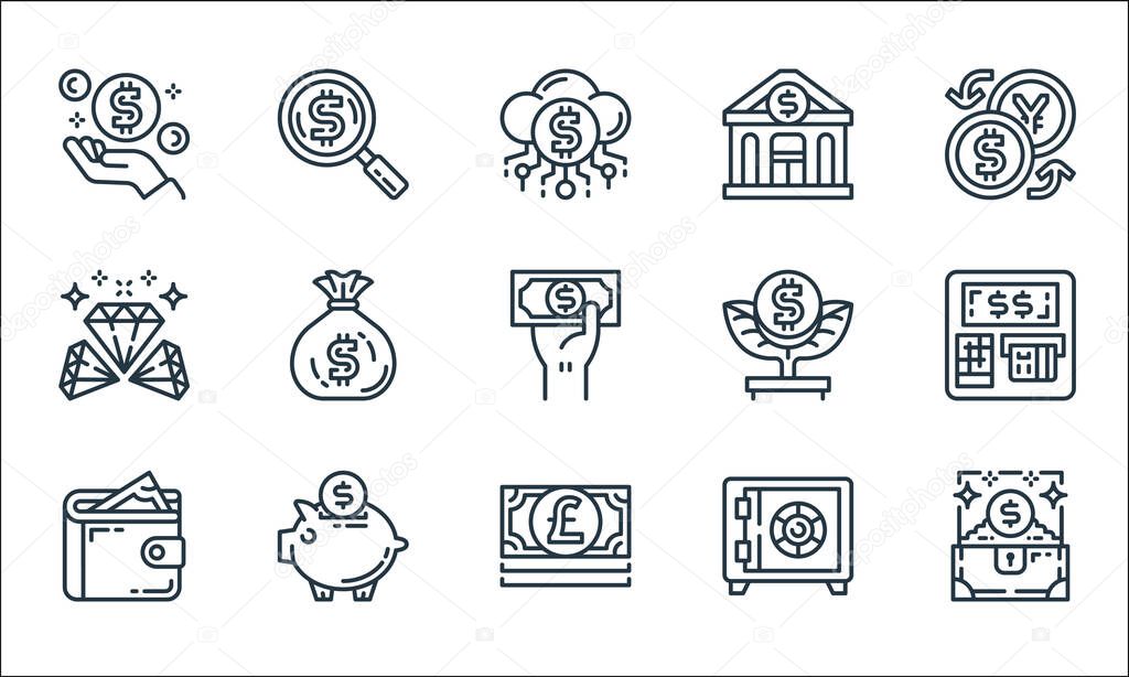 money and currency line icons. linear set. quality vector line set such as treasure chest, pound bills, wallet, safe box, piggy bank, diamonds, money tree, bank, search