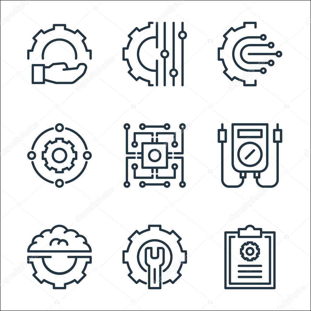engineering line icons. linear set. quality vector line set such as clipboard, screwdriver, engineering, monitoring, chip, connection, engineering, setting